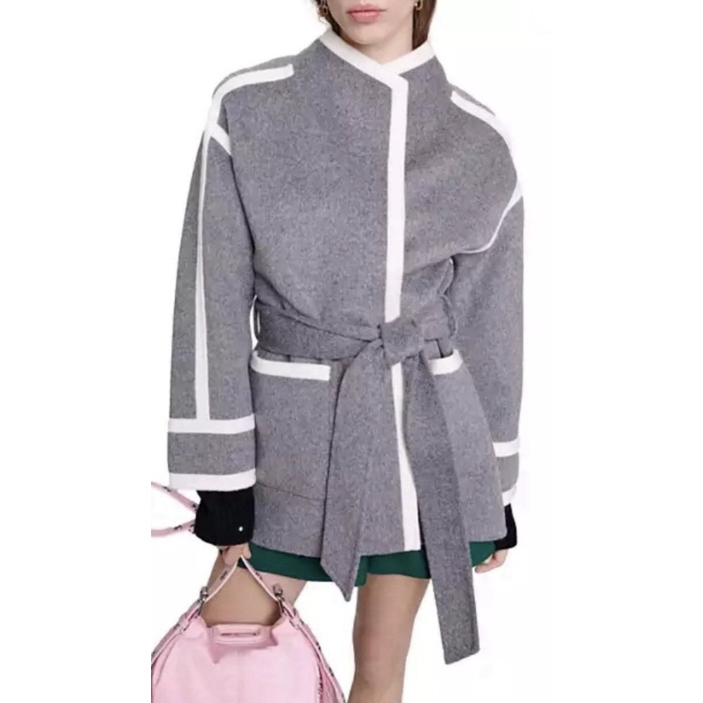 Maje‎ Gicolora Contrast Trim Belted Coat Sz 40 Us Sz M/L Wool Blend Gray Luxury